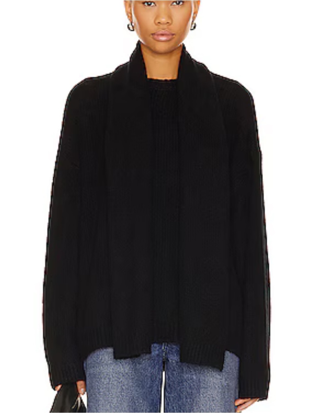 Favorite Daughter The Jamie Sweater in Black wool cashmere blend attached scarf